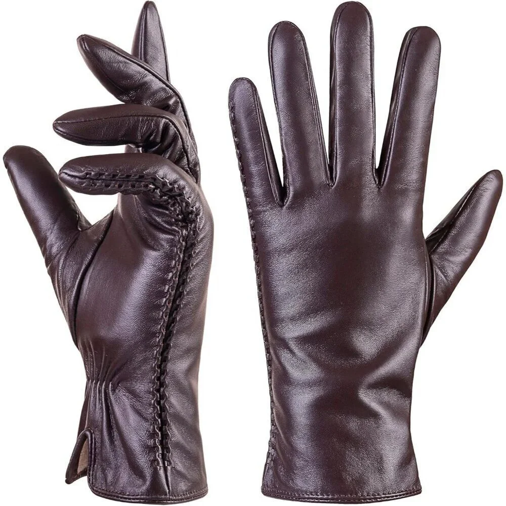 Women's Genuine Sheepskin Leather Gloves Winter Warm  Driving Dress Gloves Brown